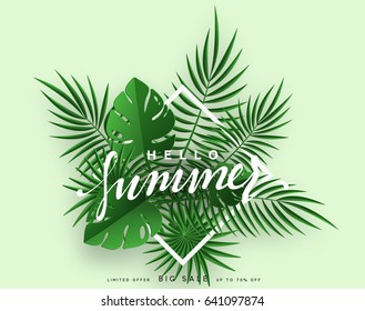 Hello Summer banner tropical background. Summer season, design poster with green leaves. vector illustration