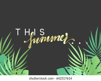Hello Summer banner tropical background. Summer season, design poster with leaves.