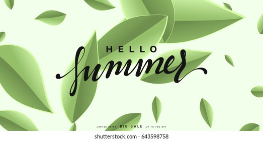 Hello Summer banner tropical background. Summer season, green leaves poster