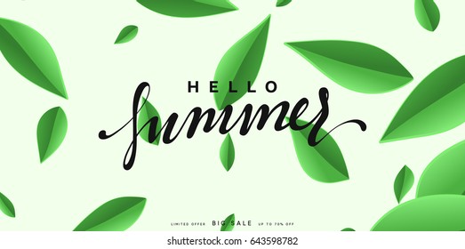 Hello Summer banner tropical background. Summer season, green leaves poster