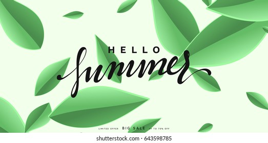 Hello Summer banner tropical background. Summer season, green leaves poster