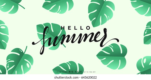 Hello Summer banner tropical background. Summer season, green leaves poster