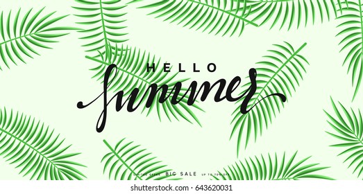 Hello Summer banner tropical background. Summer season, green leaves poster