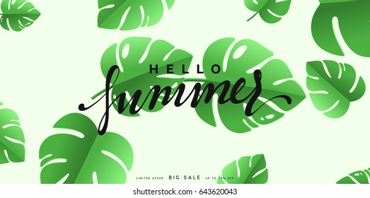 Hello Summer banner tropical background. Summer season, green leaves poster
