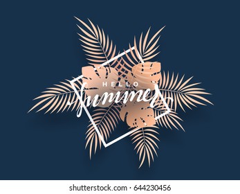 Hello Summer banner tropical background. Summer season, design poster with leaves. vector illustration