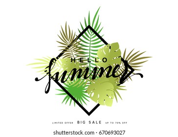 Hello Summer banner tropical background. Summer season, design poster with green leaves