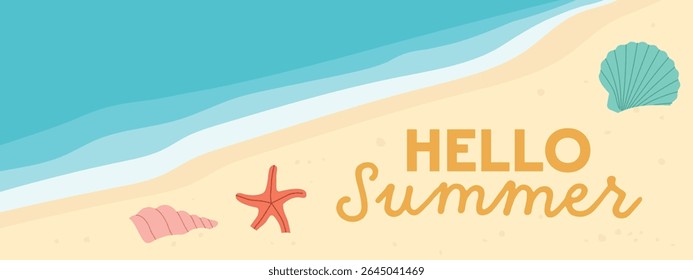 hello summer banner tropical beach and colorful sea shells; perfect for vacation-themed graphics, travel promotions, or seasonal marketing materials- vector illustration
