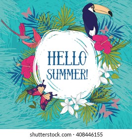 "Hello summer!" banner with tropical birds and flowers, vector illustration