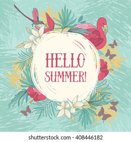 "Hello summer!" banner with tropical birds and flowers, vector illustration