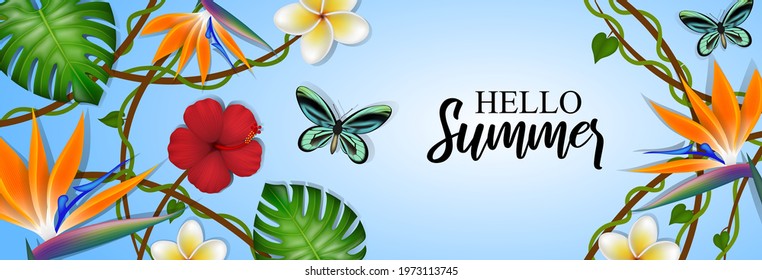 Hello summer banner with tropical flowers, leaves and butterflies	