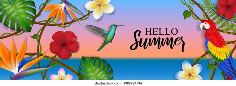 Hello summer banner with tropical flowers, leaves and birds