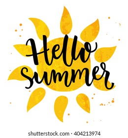 Hello summer banner. Typography poster with sun and lettering. Sunny design for beach party, summer collection clothes, social media content
