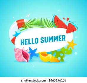 Hello Summer Banner with Typography and Summertime Items as Palm Leaves, Starfish, Lifebuoy, Watermelon Pieces and Colorful Shells. Greeting Card, Beach Party Flyer. Cartoon Flat Vector Illustration