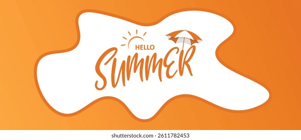Hello summer banner with umbrella and sun. Flat design minilaist illustration. Can used for banner, greeting card, advertising, marketing, etc.