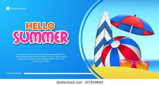 Hello summer banner with vacation sand beach coast with surfboard, umbrella, and ball landscape illustration