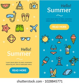 Hello Summer Banner Vecrtical Set with Color Outline Icons Include of Scuba, Sun and Plane. Vector illustration of Holiday Banners