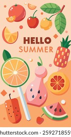 Hello Summer Banner Vector Art , Peach Background with Watermelon, Cherries, Orange Slice and  Popsicle for Seasonal Designs. Fruity Summer Banner Graphic , Vibrant Peach Backdrop, Juicy Fruits .