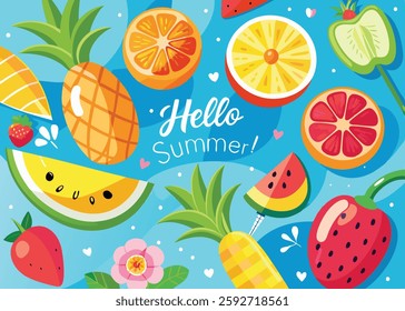 Hello Summer Banner Vector Art , Peach Background with Watermelon, Cherries, Orange Slice and  Popsicle for Seasonal Designs. Fruity Summer Banner Graphic , Vibrant Peach Backdrop, Juicy Fruits .