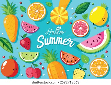 Hello Summer Banner Vector Art , Peach Background with Watermelon, Cherries, Orange Slice and  Popsicle for Seasonal Designs. Fruity Summer Banner Graphic , Vibrant Peach Backdrop, Juicy Fruits .