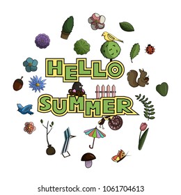 Hello summer banner vector illustration, doodle art design. 
All items are separated.