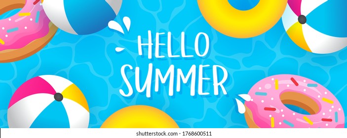 Hello Summer Banner vector illustration. Balls and donut pool floats on swimming pool background