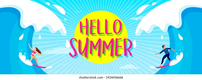 Hello! Summer Banner Vector Illustration. Fun Big Wave Surfing With Bright Sky