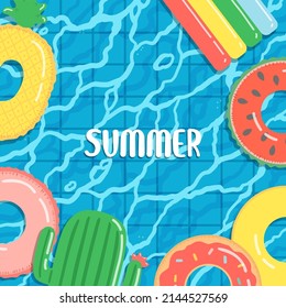 Hola banner de verano ilustración vectorial, anillo de goma flotando en el agua en la piscina