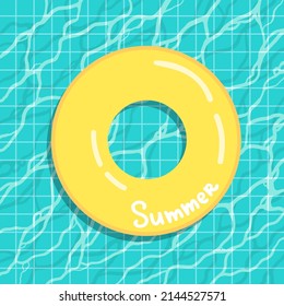 Hello summer banner vector illustration, rubber ring floating on water in swimming pool