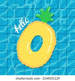 Hello summer banner vector illustration, rubber ring floating on water in swimming pool