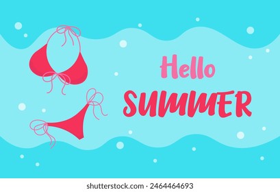 Hello summer banner. Vector illustration with swimsuit and text on blue background.