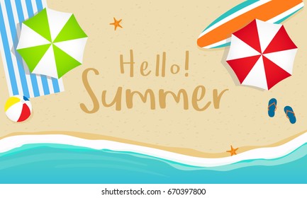 Hello! Summer Banner Vector Illustration, Sandy beach with waves, sun umbrellas, picnic mat, ball, sandals and surfboard. 