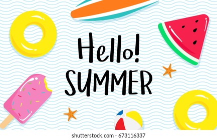 Hello! Summer banner vector illustration, Pool toys, yellow rubber ring, surfboard and ball floating on water.