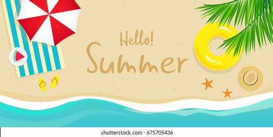 Hello! Summer Banner Vector Illustration, Top View Of Summer Beach With Sun Umbrella, Yellow Rubber Ring, Picnic Mat, Hat And Sea Wave On Sandy Beach.