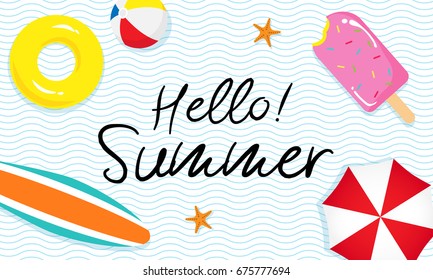 Hello! Summer banner vector illustration. Pool toys, yellow rubber ring, surfboard and ball floating on water.