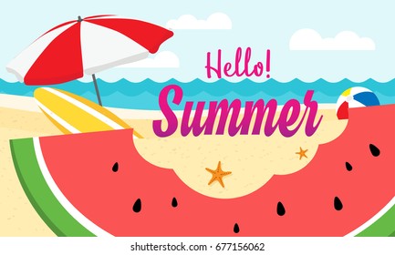 Hello! Summer banner vector illustration, Watermelon slice with a bite and summer beach background. 