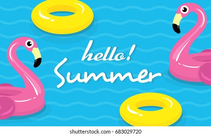 Hello! Summer banner vector illustration, Flamingo pool float, yellow rubber ring floating on water.