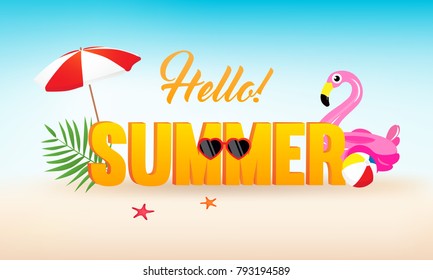 Hello! Summer banner vector illustration, Beautiful summer beach with sun umbrella and flamingo pool float