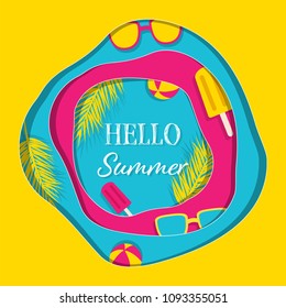 Hello Summer banner vector paper art design with summer elements and trendy text on colorful background