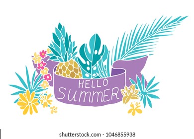 Hello summer banner with violet band,  hand drawn text, tropical flowers  and plants, vector clip art
