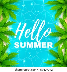 Hello summer banner with water texture. Beautiful background on the sea topic with palm trees. Vector illustration.