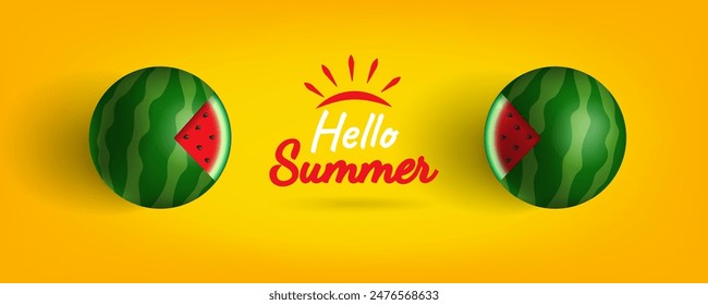 hello summer banner with watermelons on yellow background vector illustration