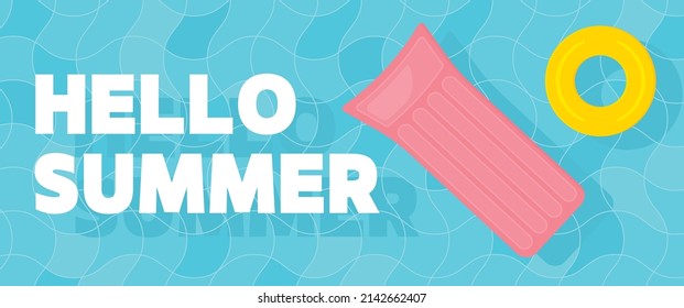 hello summer banner,  wavy swimming pool and floating swim mattress and ring- vector illustration