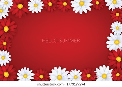 Hola, cartel de verano. Flores de margarita blancas y rojas. Ilustración vectorial realista con letras.