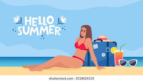 Hello summer banner. Woman dressed in swimsuit sunbathing on the beach. Girl lying on sand. Travel concept. Summer vacation. Vector illustration