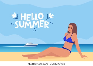 Hello summer banner. Woman dressed in swimsuit sunbathing on the beach. Girl lying on sand. Travel concept. Summer vacation. Vector illustration