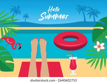 Hello summer banner with woman legs in a swimming pool vector illustration. Woman feet relaxed in swimming pool on a hot summer day vector. Tropical vacation and travel concept