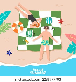 hello summer banner woman and man on the beach, vector ,illustrator