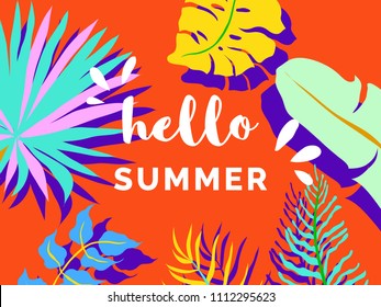Hello summer banner/background template design, tropical plants on orange background, colorful vibrant tones