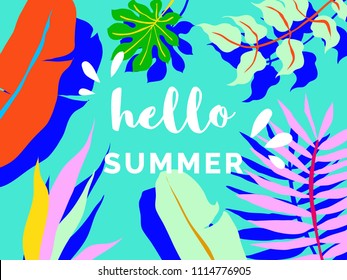 Hello summer banner/background template design, tropical plants on cyan background, colorful vibrant tones