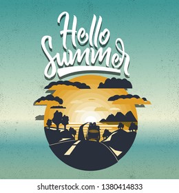 Hello summer banner.landscape with travel car rides on the road.Gradient sea background